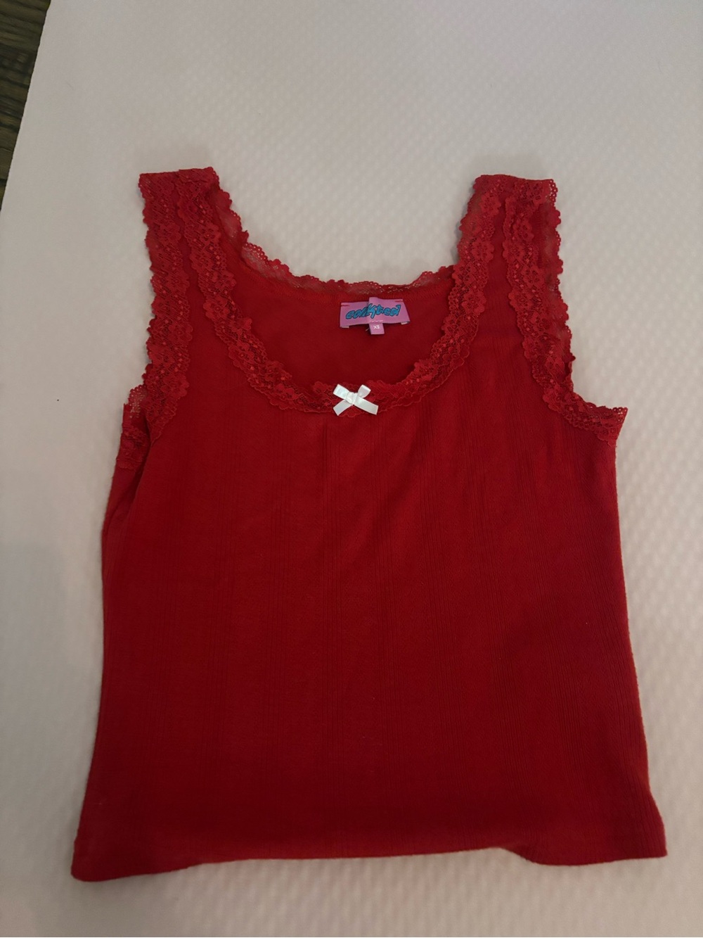 Edikted Red Lace-Trim Tank with White Bow Accent